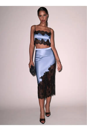 Fleur du mal silk & amp lace scallop midi skirt in Blue