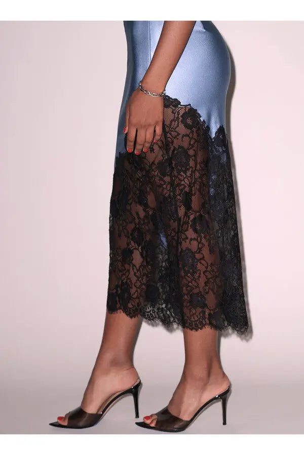 Fleur du mal silk & amp lace scallop midi skirt in Blue