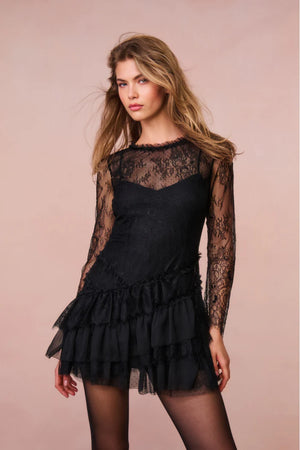 LOVESHACKFANCY Amberleigh Lace Mini Dress in Black