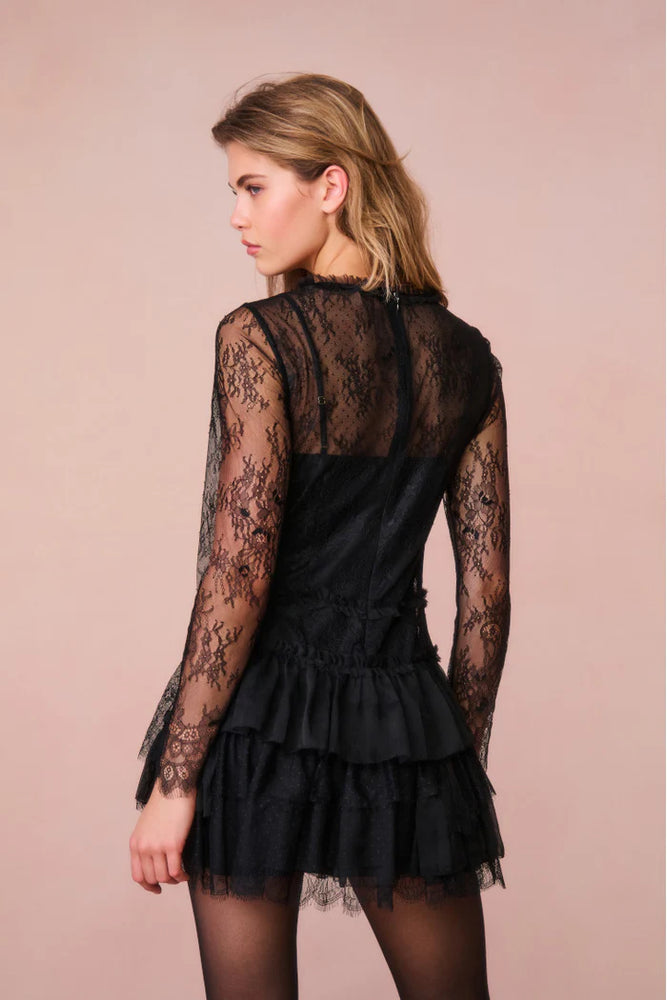 LOVESHACKFANCY Amberleigh Lace Mini Dress in Black