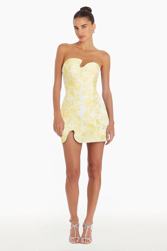 AMANDA UPRICHARD STRAPLESS PUZZLE MINI DRESS electric yellow