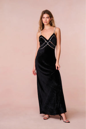 LOVESHACKFANCY Corrino Velvet Embellished Maxi Dress in Black