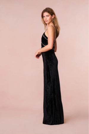 LOVESHACKFANCY Corrino Velvet Embellished Maxi Dress in Black