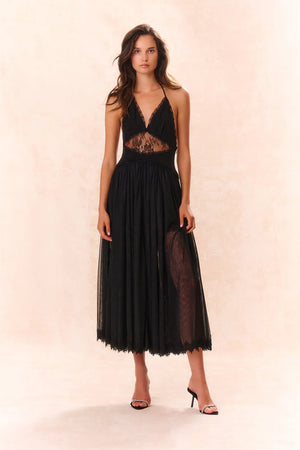 LOVESHACKFANCY  Lace Maxi Halter Dress in Black