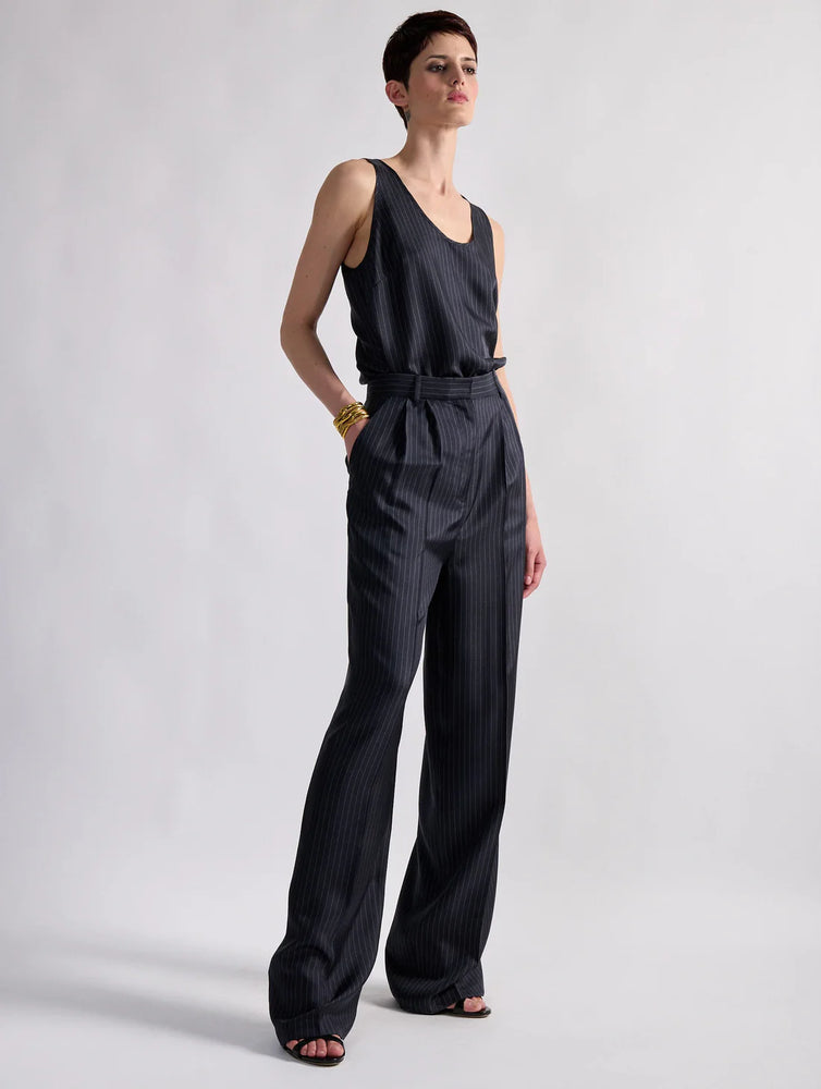 BARBARA BUI Tennis stripe print silk twill high-waisted pleated trousers
