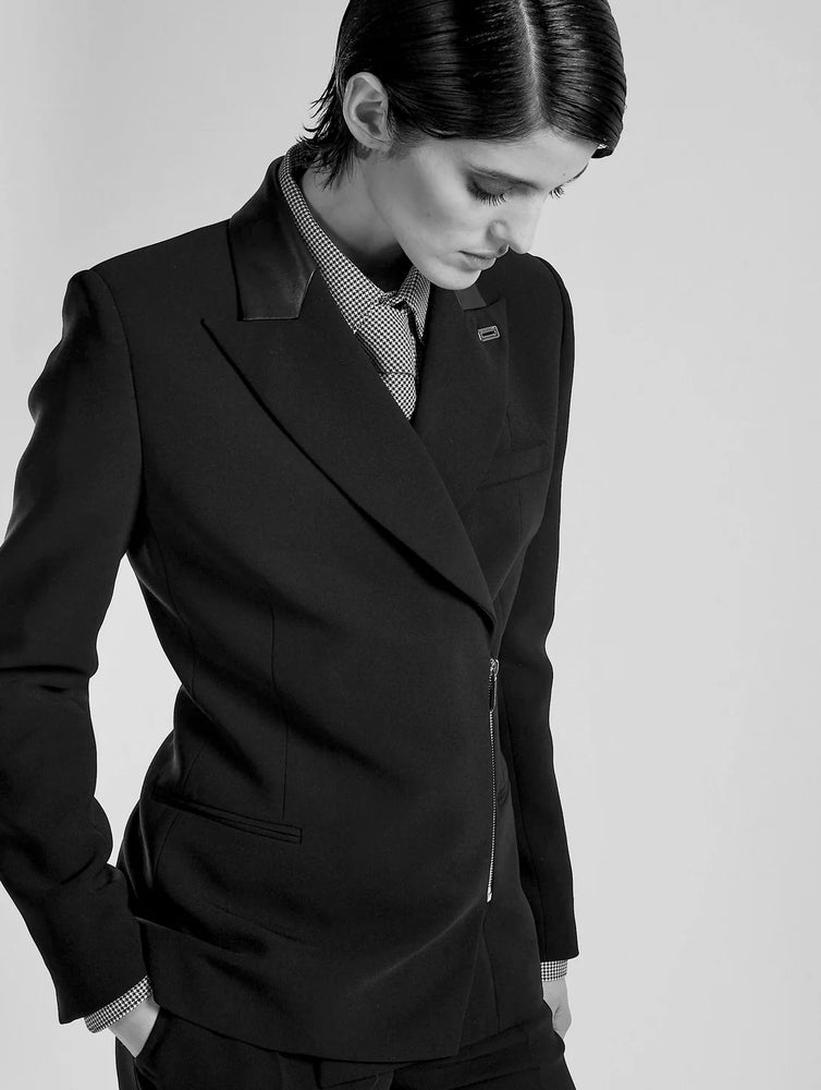 BARBARA BUI Black crepe and leather zip jacket