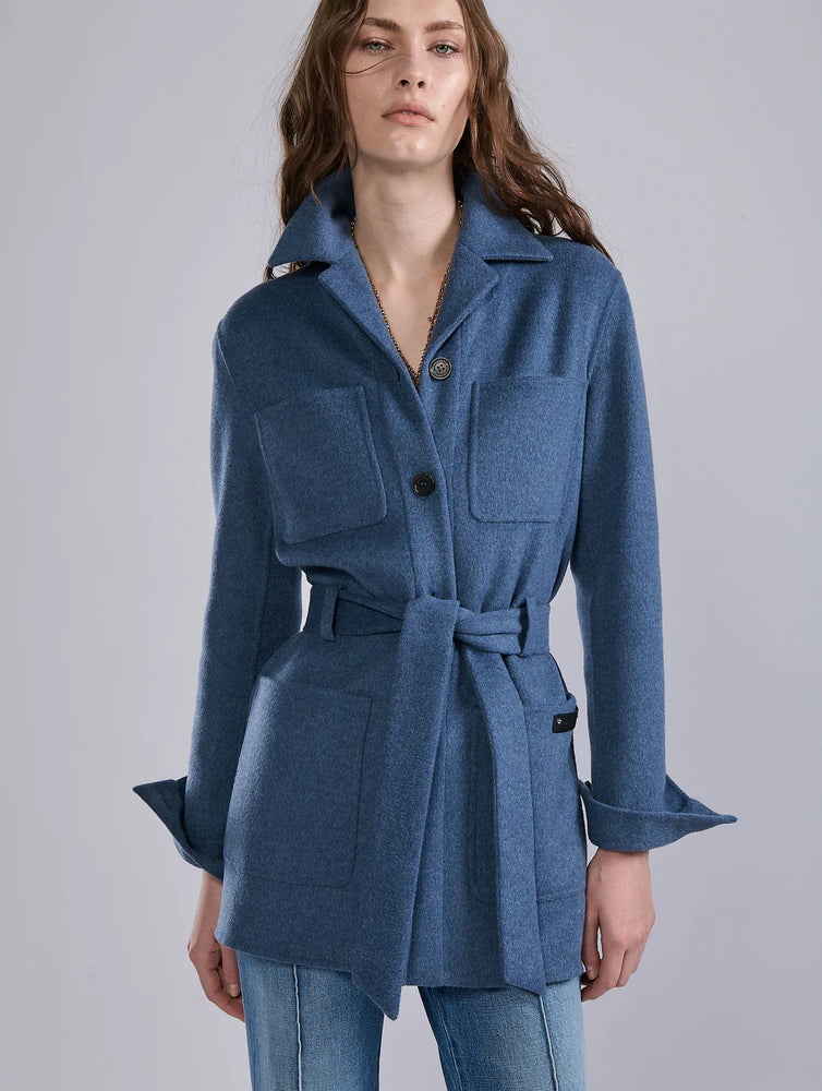 BARBARA BUI Belted jacket in double-faced sand wool-cashmere in Denim blue