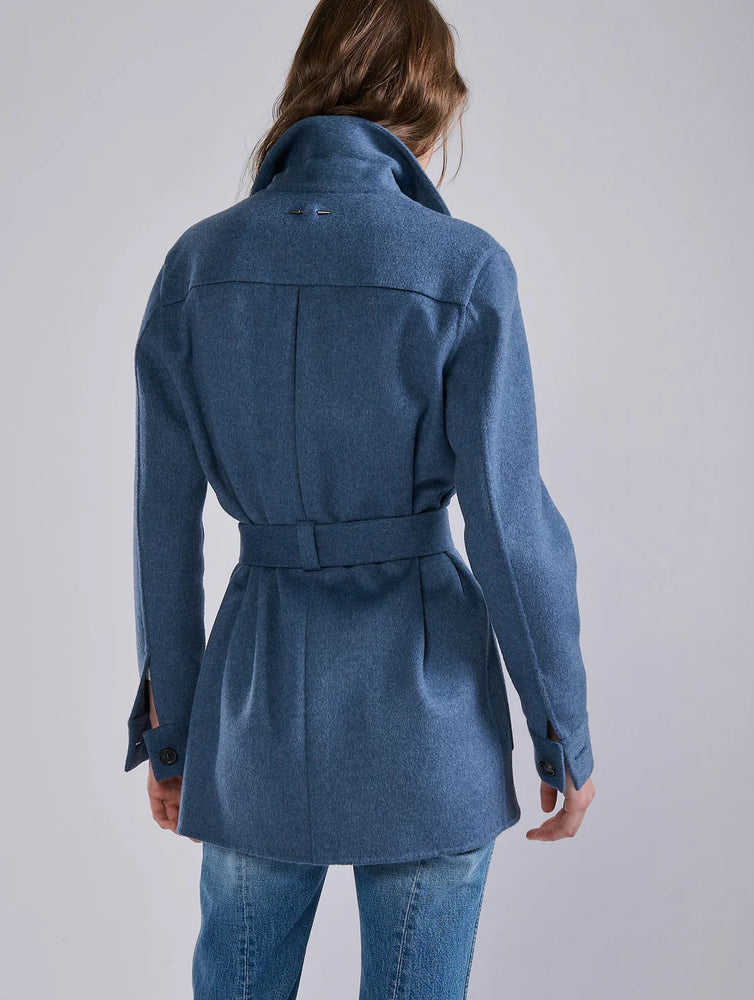 BARBARA BUI Belted jacket in double-faced sand wool-cashmere in Denim blue