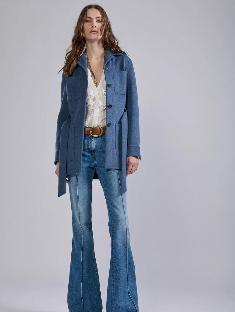 BARBARA BUI Belted jacket in double-faced sand wool-cashmere in Denim blue