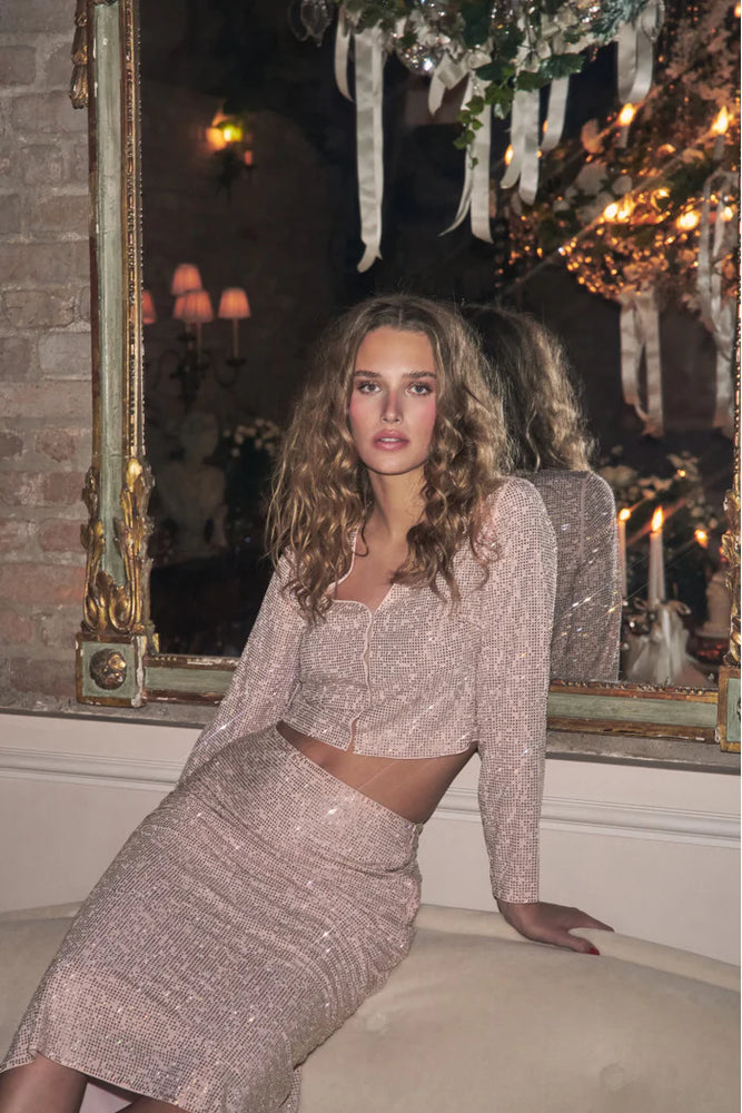 LOVESHACKFANCY Samaria Crystal Midi Skirt in Rose gold